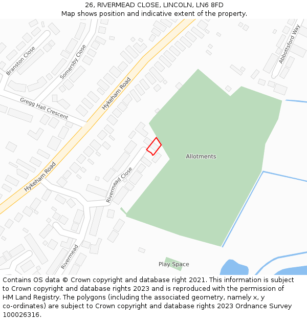 26, RIVERMEAD CLOSE, LINCOLN, LN6 8FD: Location map and indicative extent of plot