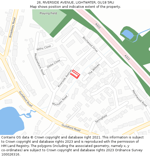 26, RIVERSIDE AVENUE, LIGHTWATER, GU18 5RU: Location map and indicative extent of plot