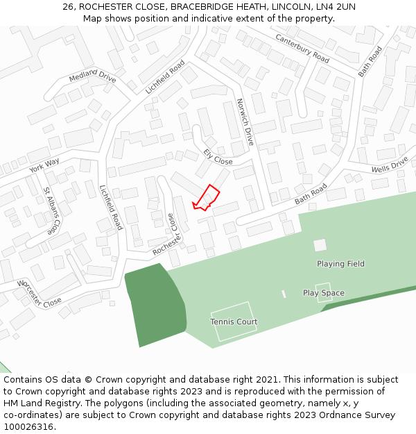 26, ROCHESTER CLOSE, BRACEBRIDGE HEATH, LINCOLN, LN4 2UN: Location map and indicative extent of plot