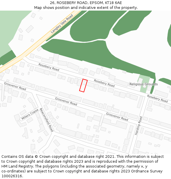 26, ROSEBERY ROAD, EPSOM, KT18 6AE: Location map and indicative extent of plot