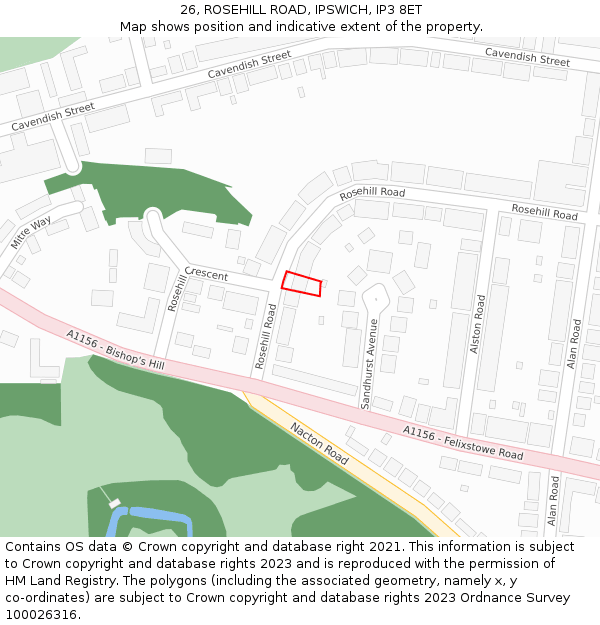 26, ROSEHILL ROAD, IPSWICH, IP3 8ET: Location map and indicative extent of plot