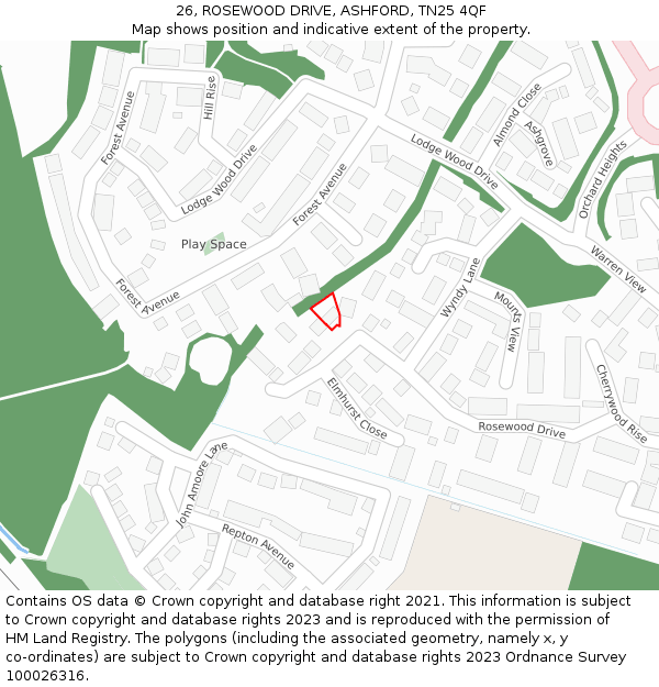 26, ROSEWOOD DRIVE, ASHFORD, TN25 4QF: Location map and indicative extent of plot