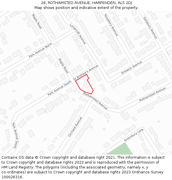 26, ROTHAMSTED AVENUE, HARPENDEN, AL5 2DJ: Location map and indicative extent of plot