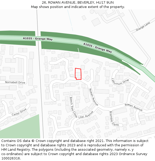 26, ROWAN AVENUE, BEVERLEY, HU17 9UN: Location map and indicative extent of plot