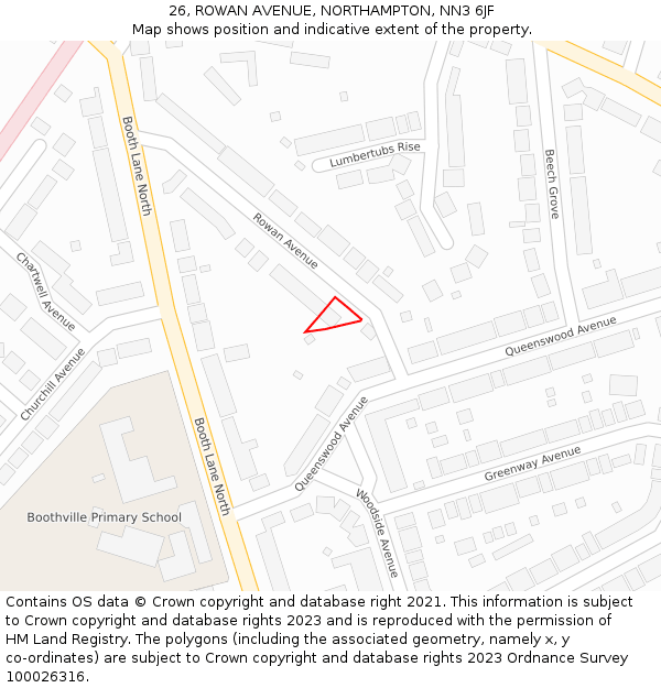 26, ROWAN AVENUE, NORTHAMPTON, NN3 6JF: Location map and indicative extent of plot