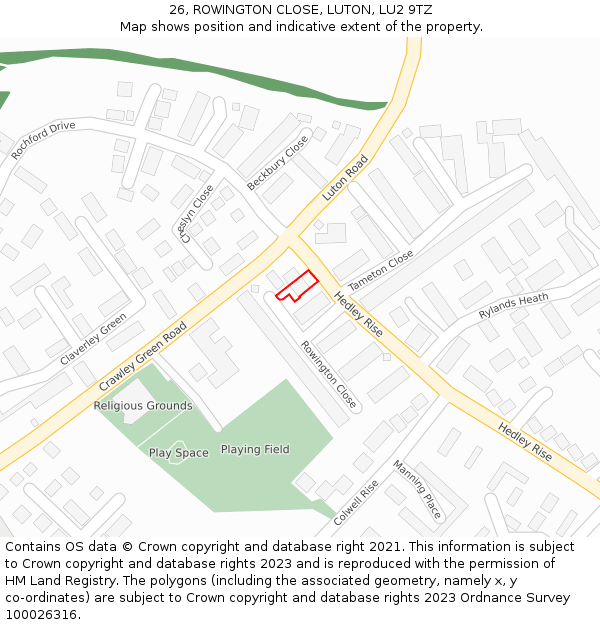 26, ROWINGTON CLOSE, LUTON, LU2 9TZ: Location map and indicative extent of plot