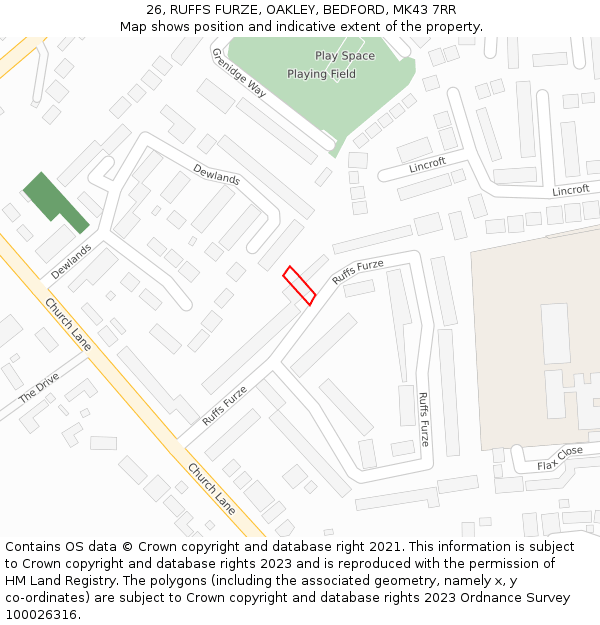 26, RUFFS FURZE, OAKLEY, BEDFORD, MK43 7RR: Location map and indicative extent of plot