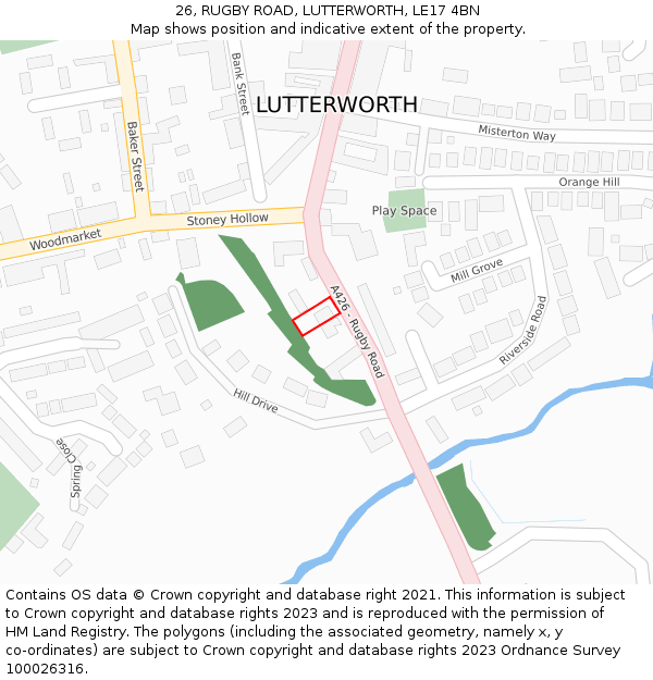 26, RUGBY ROAD, LUTTERWORTH, LE17 4BN: Location map and indicative extent of plot