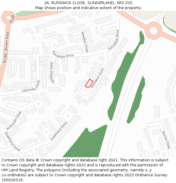 26, RUNSWICK CLOSE, SUNDERLAND, SR3 2YG: Location map and indicative extent of plot