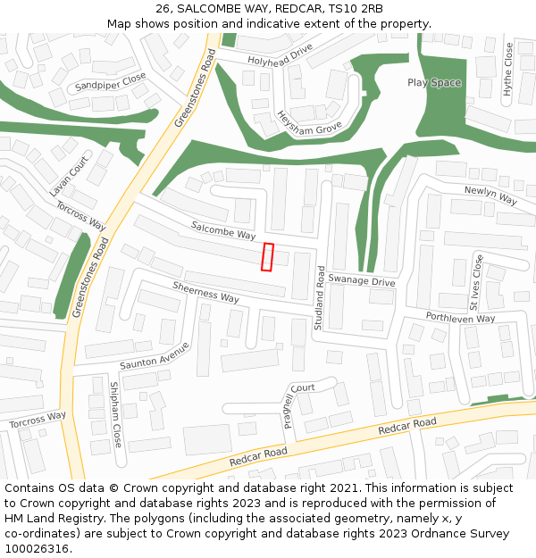 26, SALCOMBE WAY, REDCAR, TS10 2RB: Location map and indicative extent of plot