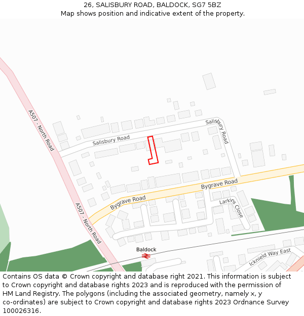 26, SALISBURY ROAD, BALDOCK, SG7 5BZ: Location map and indicative extent of plot