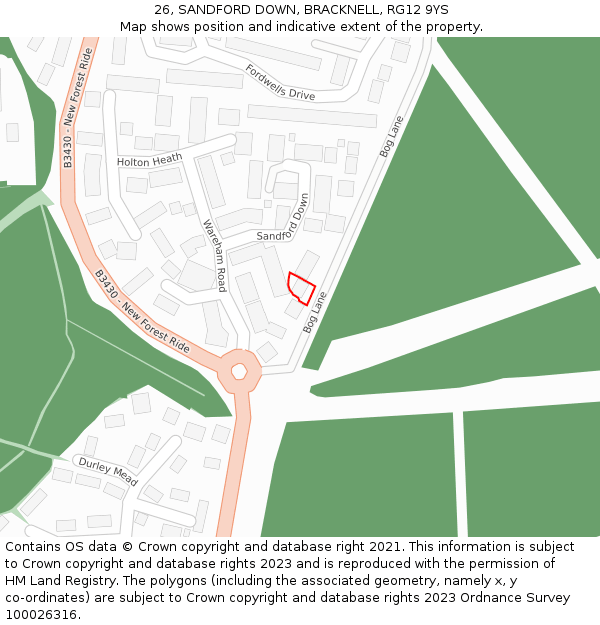 26, SANDFORD DOWN, BRACKNELL, RG12 9YS: Location map and indicative extent of plot