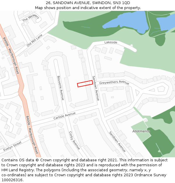26, SANDOWN AVENUE, SWINDON, SN3 1QD: Location map and indicative extent of plot