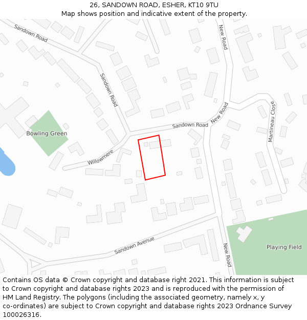 26, SANDOWN ROAD, ESHER, KT10 9TU: Location map and indicative extent of plot
