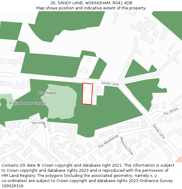 26, SANDY LANE, WOKINGHAM, RG41 4DB: Location map and indicative extent of plot