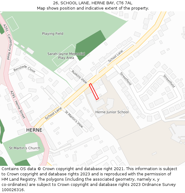 26, SCHOOL LANE, HERNE BAY, CT6 7AL: Location map and indicative extent of plot