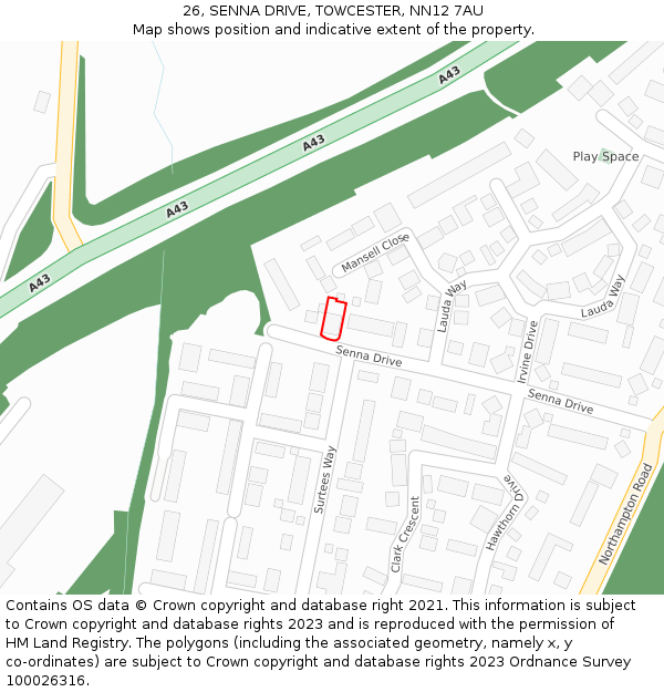 26, SENNA DRIVE, TOWCESTER, NN12 7AU: Location map and indicative extent of plot