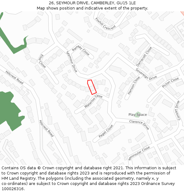 26, SEYMOUR DRIVE, CAMBERLEY, GU15 1LE: Location map and indicative extent of plot