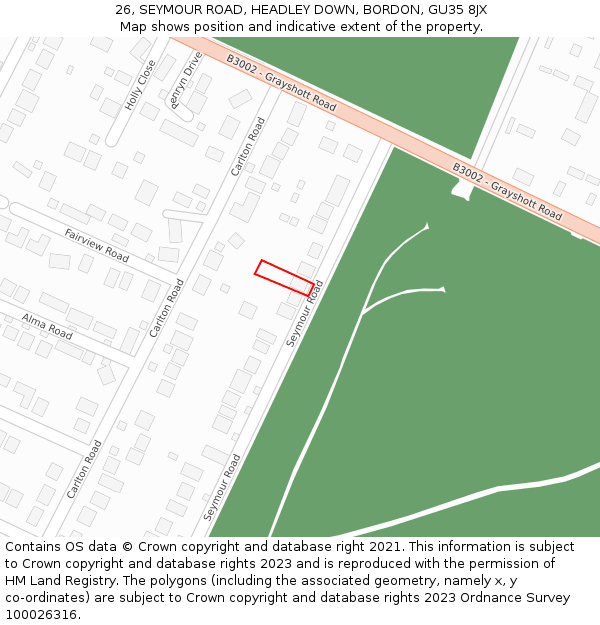 26, SEYMOUR ROAD, HEADLEY DOWN, BORDON, GU35 8JX: Location map and indicative extent of plot