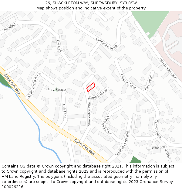 26, SHACKLETON WAY, SHREWSBURY, SY3 8SW: Location map and indicative extent of plot
