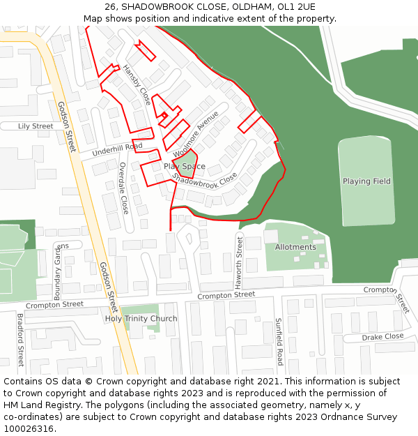 26, SHADOWBROOK CLOSE, OLDHAM, OL1 2UE: Location map and indicative extent of plot