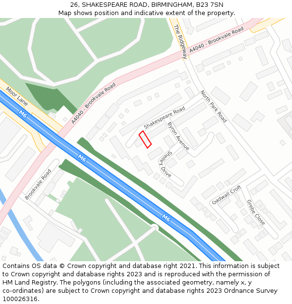 26, SHAKESPEARE ROAD, BIRMINGHAM, B23 7SN: Location map and indicative extent of plot