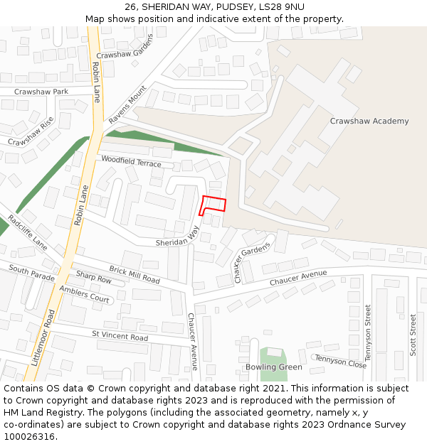 26, SHERIDAN WAY, PUDSEY, LS28 9NU: Location map and indicative extent of plot