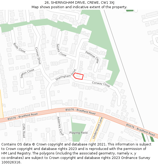 26, SHERINGHAM DRIVE, CREWE, CW1 3XJ: Location map and indicative extent of plot