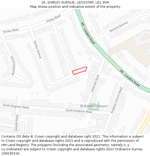 26, SHIRLEY AVENUE, LEICESTER, LE2 3NA: Location map and indicative extent of plot