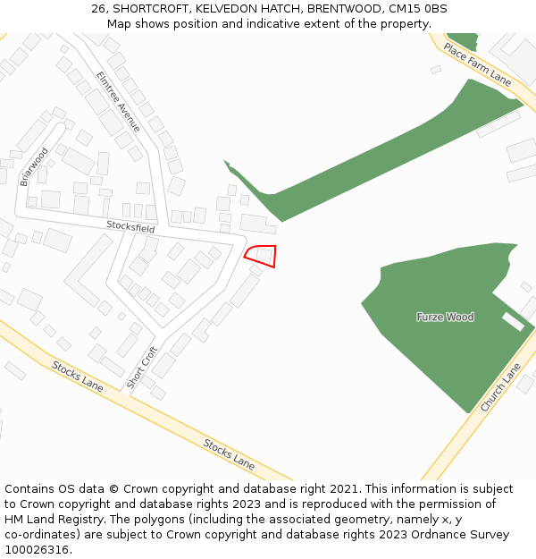 26, SHORTCROFT, KELVEDON HATCH, BRENTWOOD, CM15 0BS: Location map and indicative extent of plot