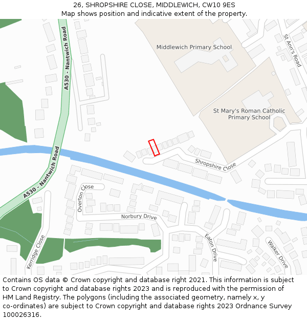 26, SHROPSHIRE CLOSE, MIDDLEWICH, CW10 9ES: Location map and indicative extent of plot