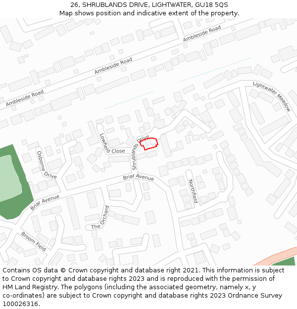 26, SHRUBLANDS DRIVE, LIGHTWATER, GU18 5QS: Location map and indicative extent of plot