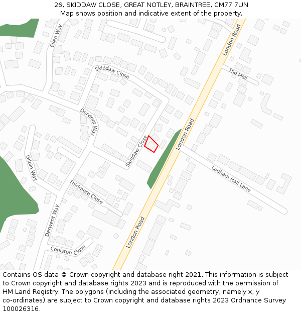 26, SKIDDAW CLOSE, GREAT NOTLEY, BRAINTREE, CM77 7UN: Location map and indicative extent of plot