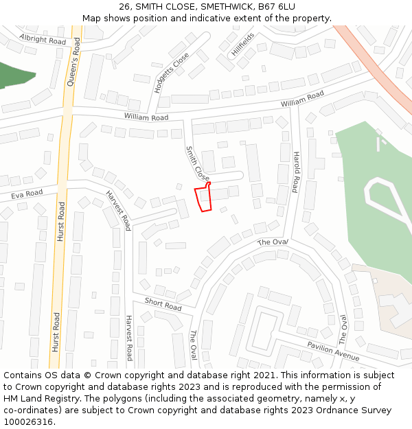26, SMITH CLOSE, SMETHWICK, B67 6LU: Location map and indicative extent of plot