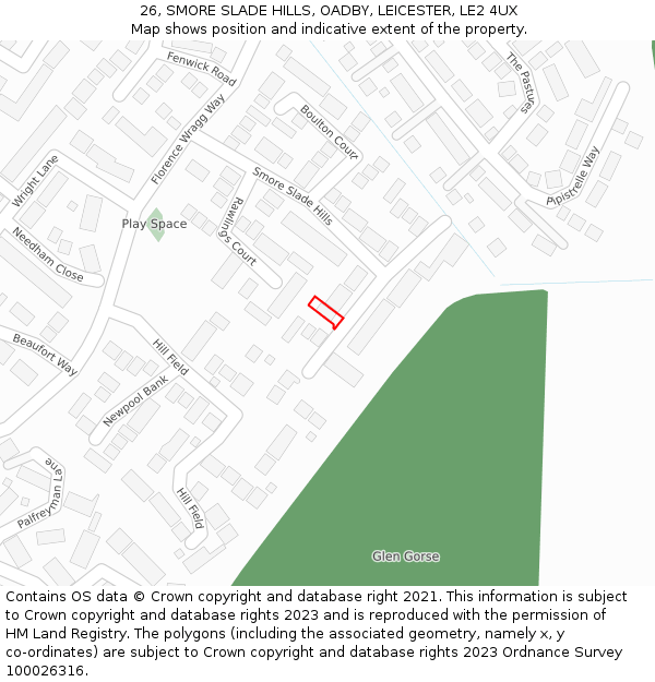 26, SMORE SLADE HILLS, OADBY, LEICESTER, LE2 4UX: Location map and indicative extent of plot