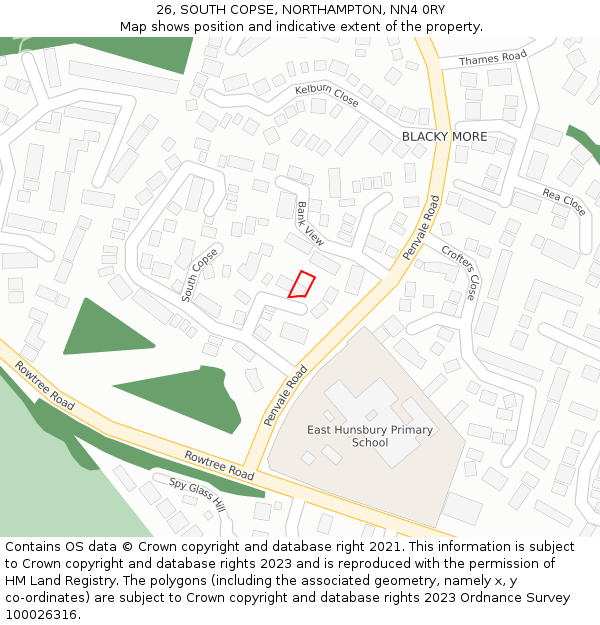 26, SOUTH COPSE, NORTHAMPTON, NN4 0RY: Location map and indicative extent of plot