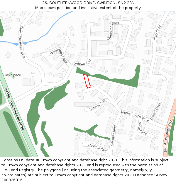 26, SOUTHERNWOOD DRIVE, SWINDON, SN2 2RN: Location map and indicative extent of plot