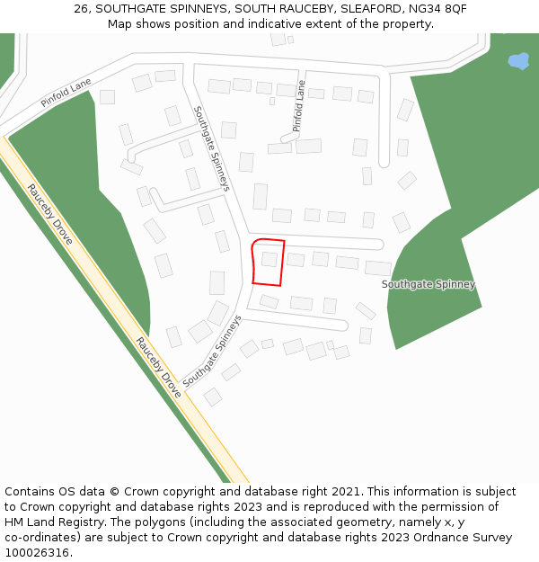 26, SOUTHGATE SPINNEYS, SOUTH RAUCEBY, SLEAFORD, NG34 8QF: Location map and indicative extent of plot