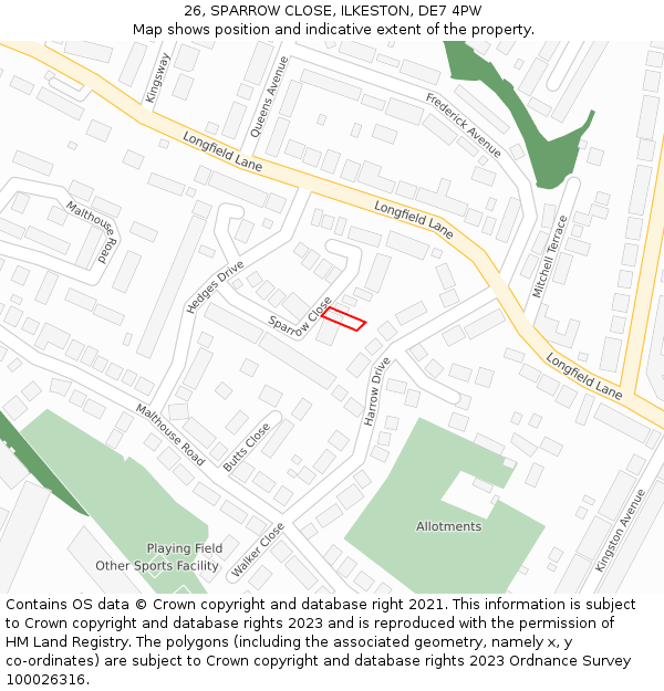26, SPARROW CLOSE, ILKESTON, DE7 4PW: Location map and indicative extent of plot