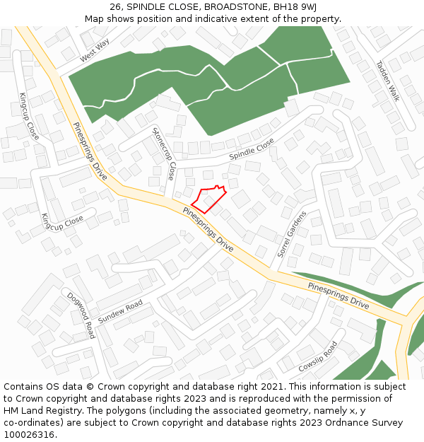 26, SPINDLE CLOSE, BROADSTONE, BH18 9WJ: Location map and indicative extent of plot