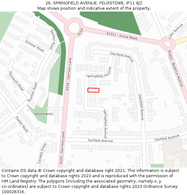 26, SPRINGFIELD AVENUE, FELIXSTOWE, IP11 9JZ: Location map and indicative extent of plot