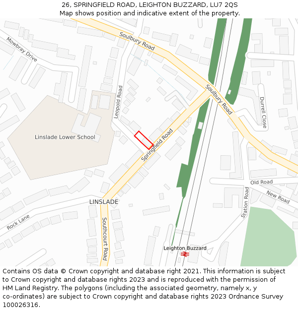 26, SPRINGFIELD ROAD, LEIGHTON BUZZARD, LU7 2QS: Location map and indicative extent of plot