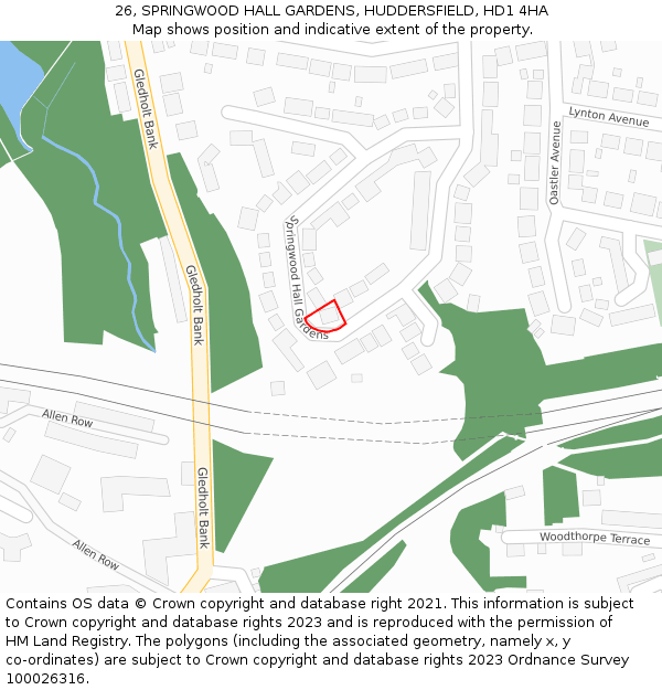 26, SPRINGWOOD HALL GARDENS, HUDDERSFIELD, HD1 4HA: Location map and indicative extent of plot