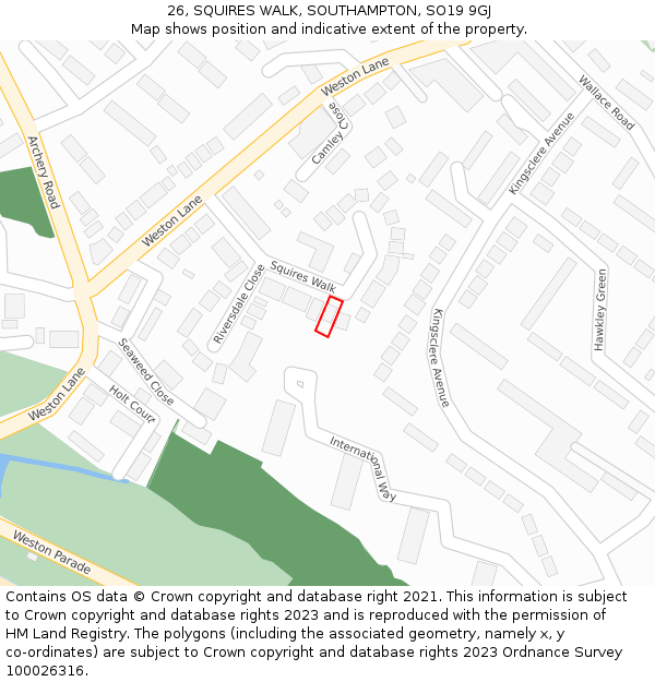 26, SQUIRES WALK, SOUTHAMPTON, SO19 9GJ: Location map and indicative extent of plot