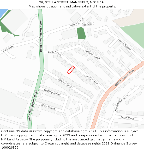 26, STELLA STREET, MANSFIELD, NG18 4AL: Location map and indicative extent of plot