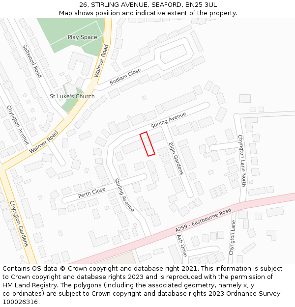 26, STIRLING AVENUE, SEAFORD, BN25 3UL: Location map and indicative extent of plot
