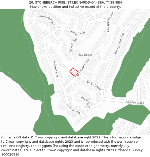 26, STONEBEACH RISE, ST LEONARDS-ON-SEA, TN38 8EN: Location map and indicative extent of plot