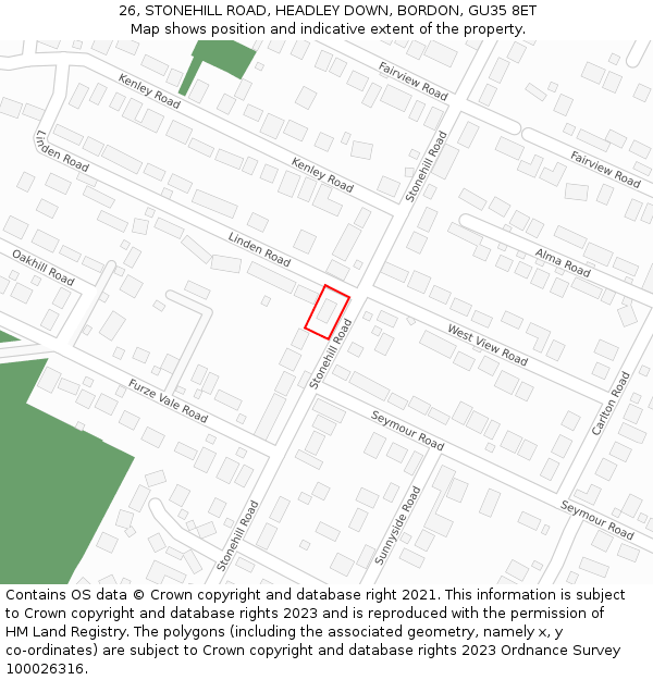 26, STONEHILL ROAD, HEADLEY DOWN, BORDON, GU35 8ET: Location map and indicative extent of plot