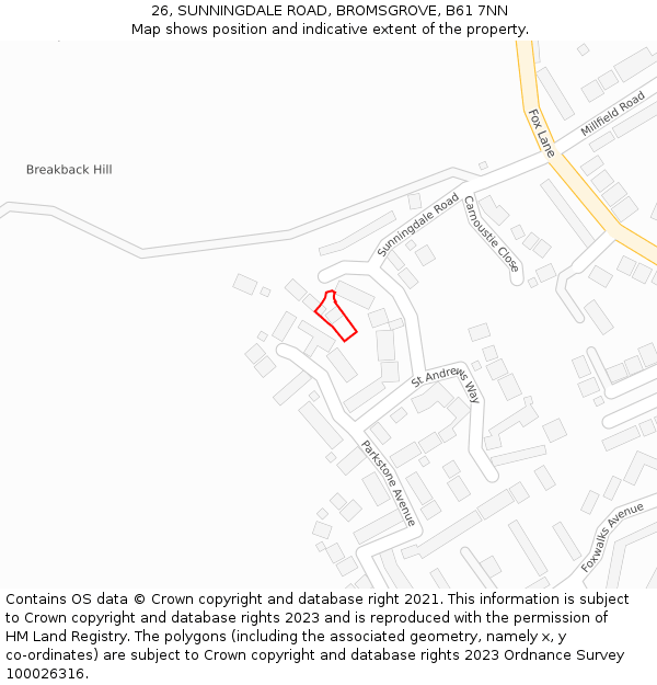 26, SUNNINGDALE ROAD, BROMSGROVE, B61 7NN: Location map and indicative extent of plot