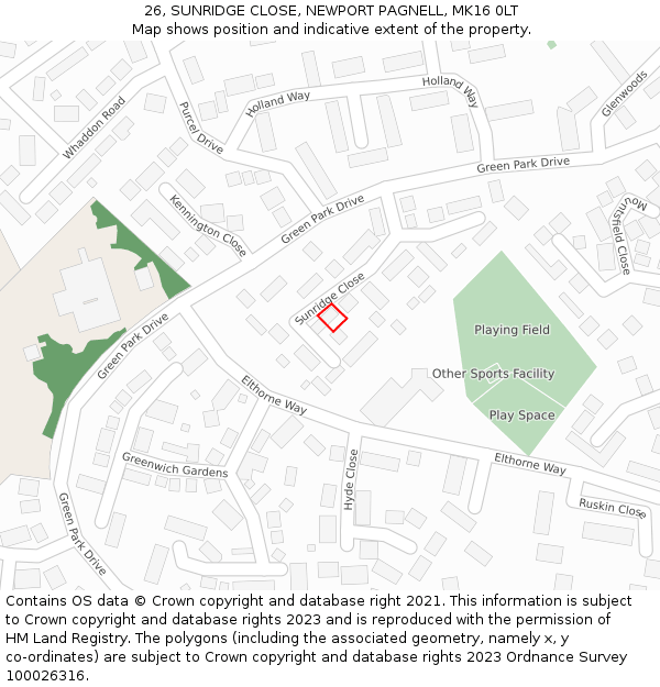 26, SUNRIDGE CLOSE, NEWPORT PAGNELL, MK16 0LT: Location map and indicative extent of plot